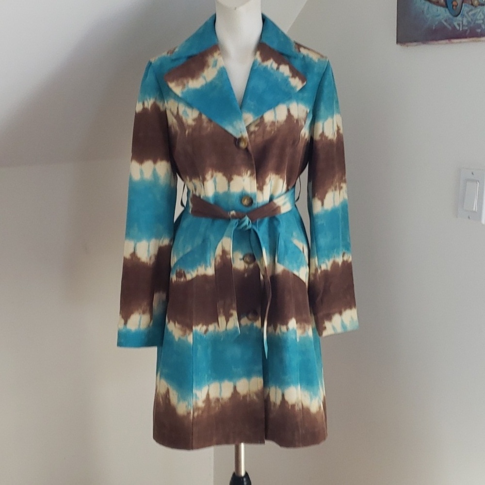 Anne Klein Womens Tie Dye Belted Aqua Blue Ivory Brown Big Collar Trench Coat, M